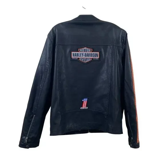 Harley Davidson x Wilson Leather Faux Leather Black/Orange Moto Jacket